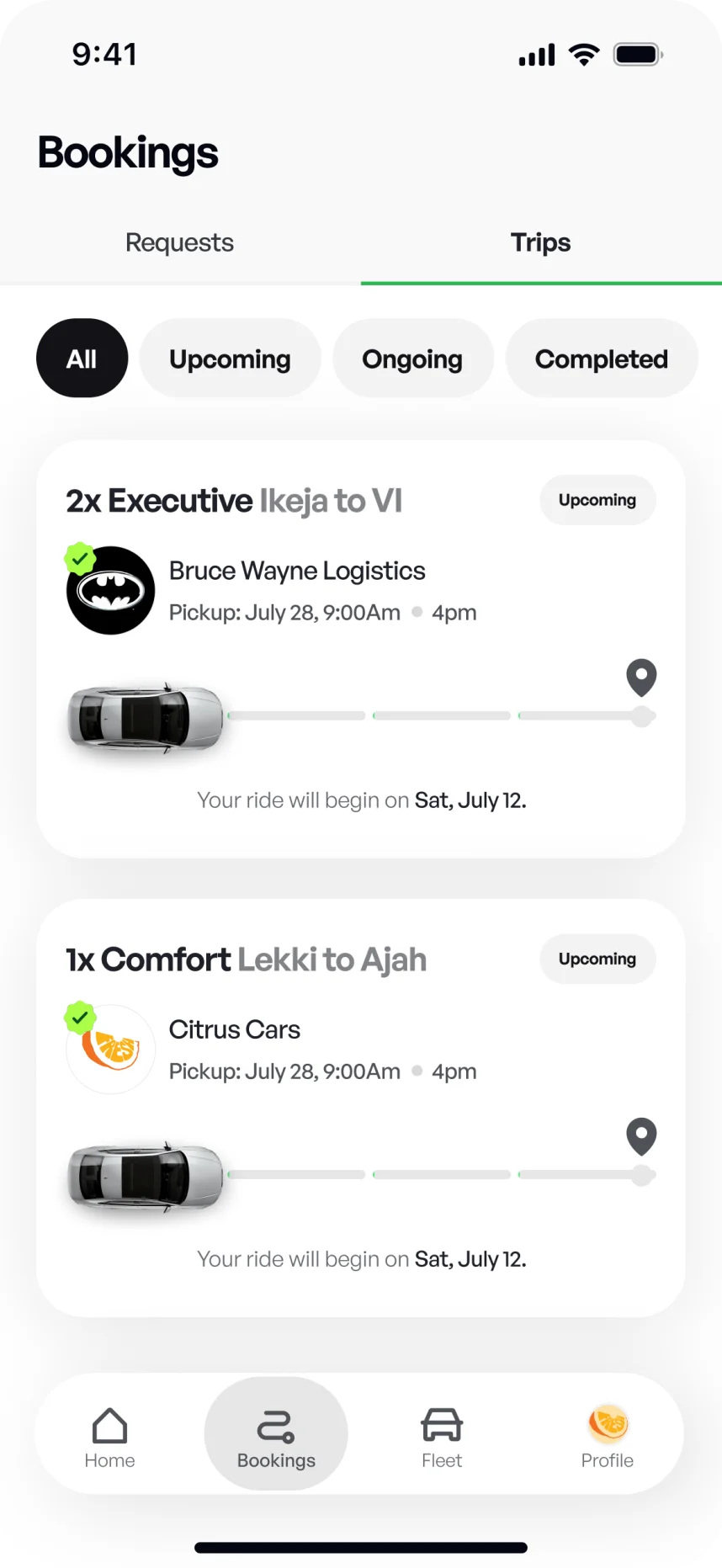 Bookings screen listing upcoming trips