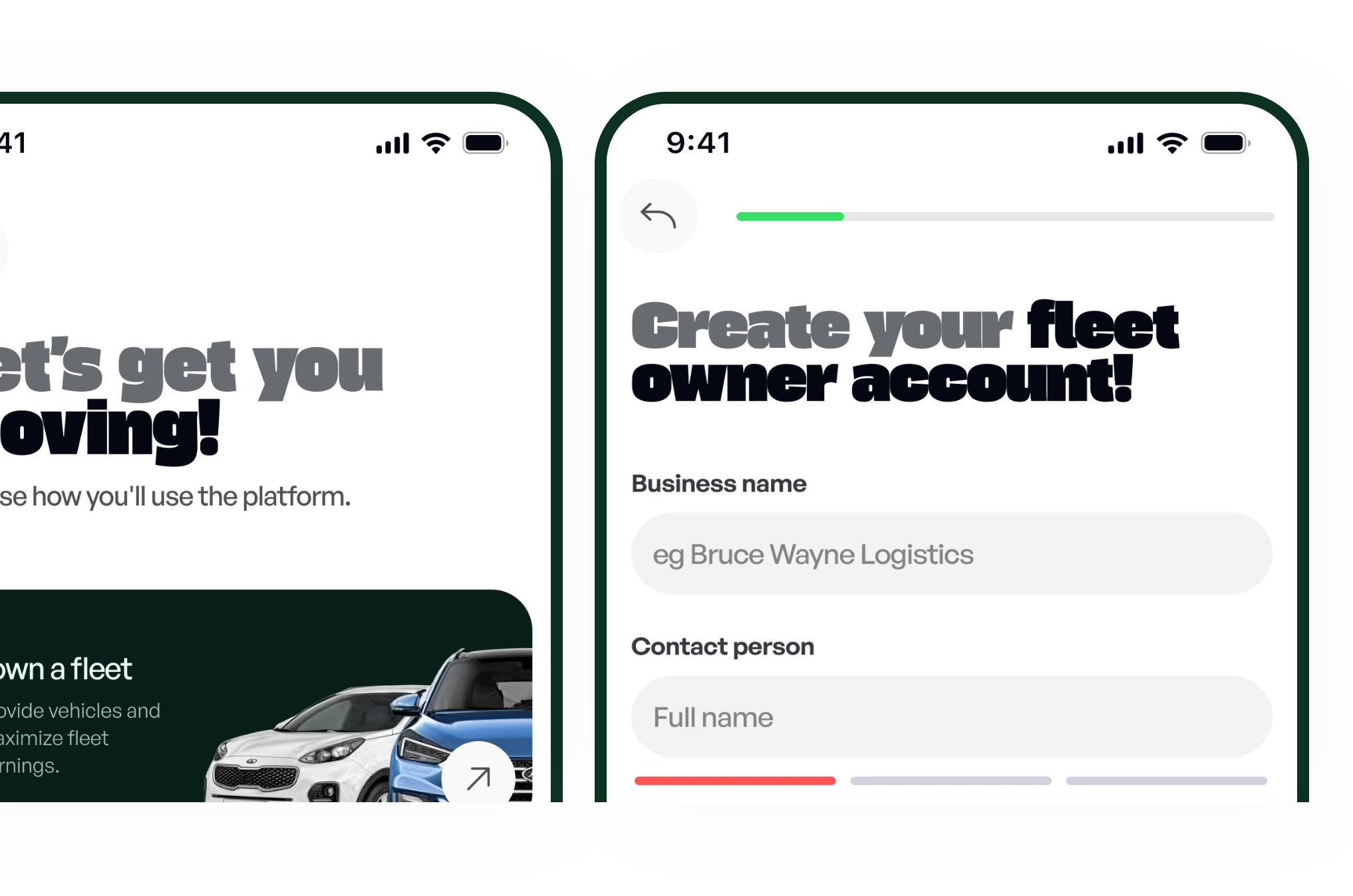 Fleet Owner sign-up: choose to own a fleet and create a business account