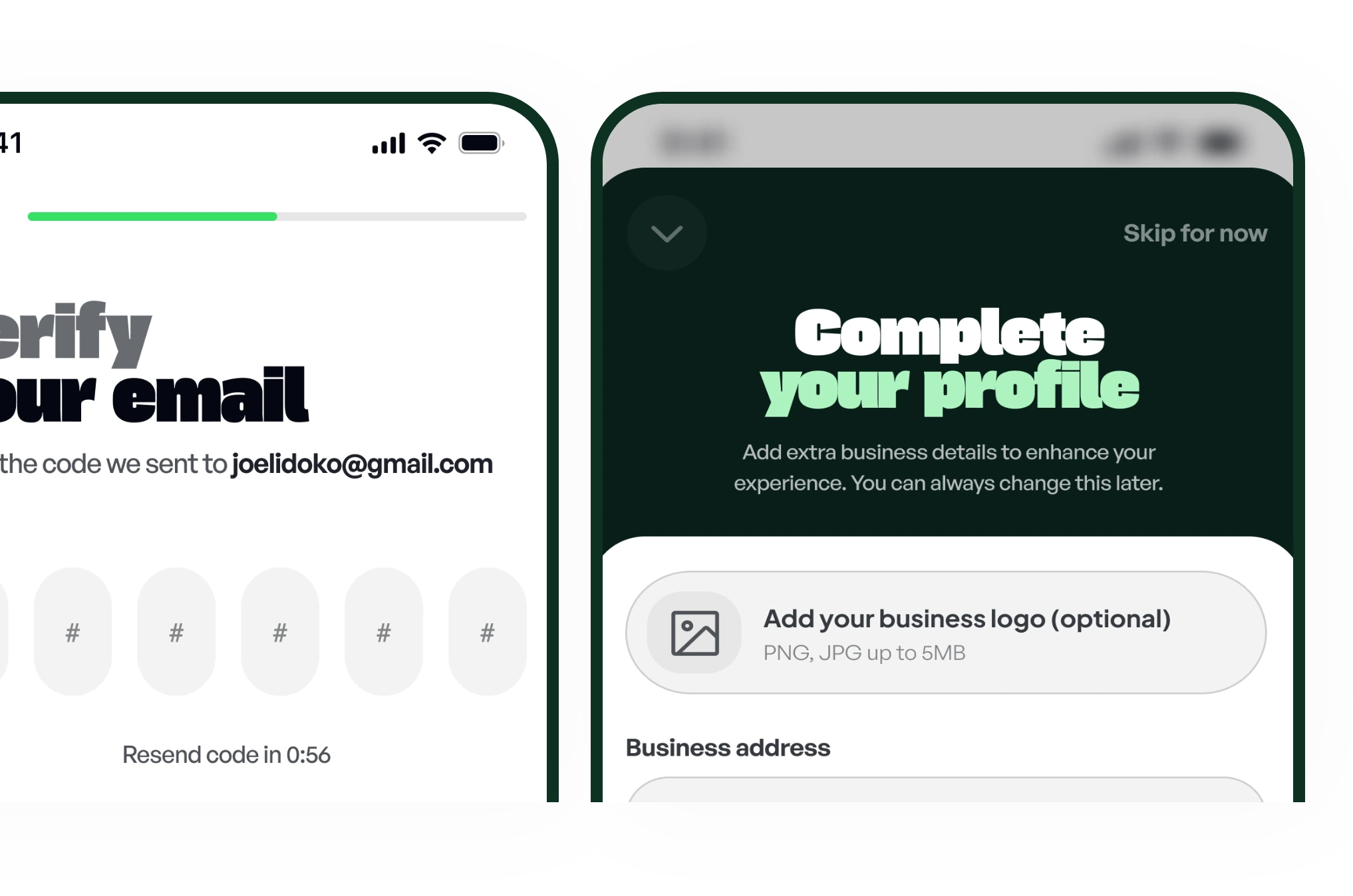 Email verification and completing the business profile