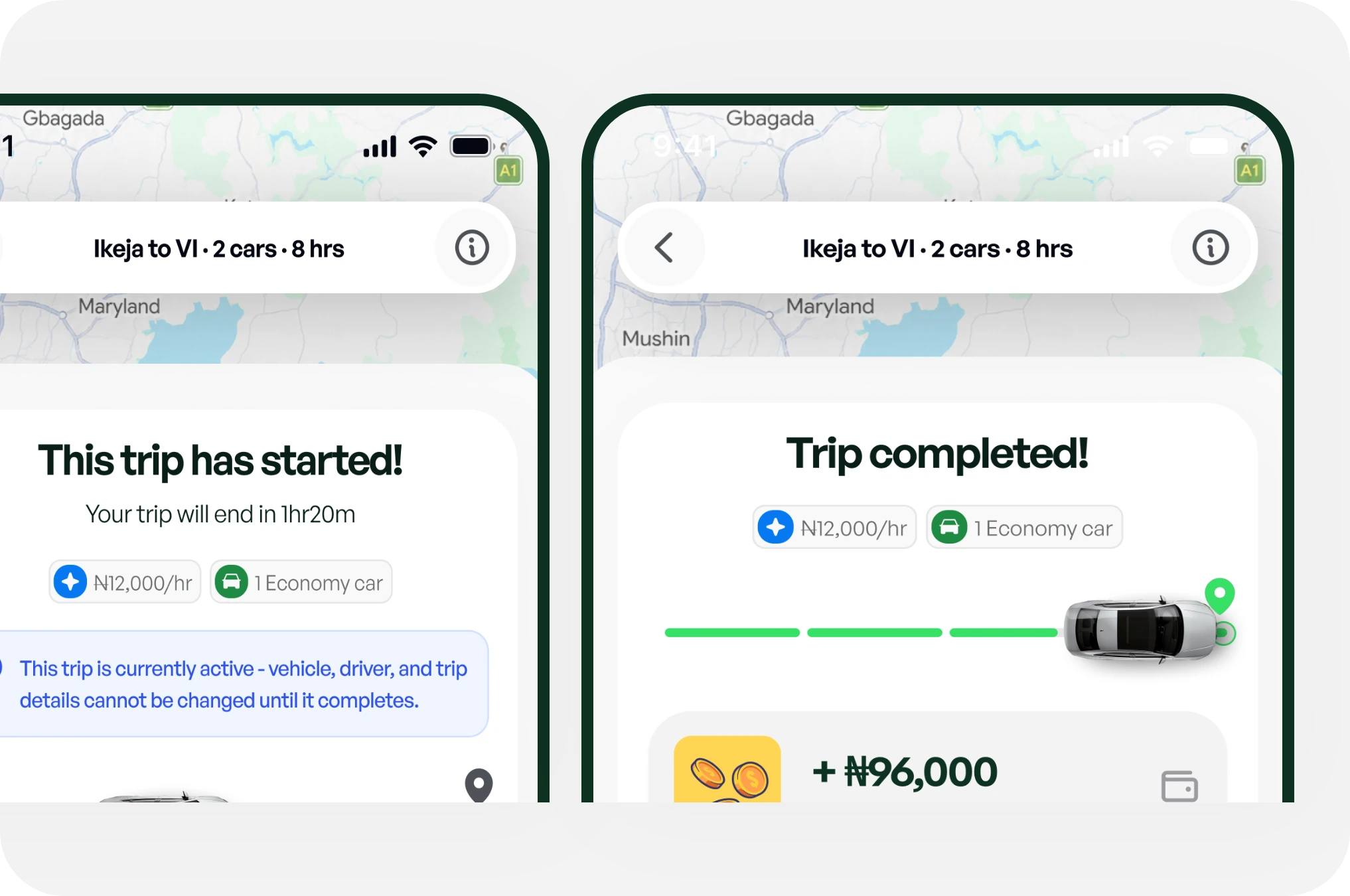 A trip in progress and the trip completed screen