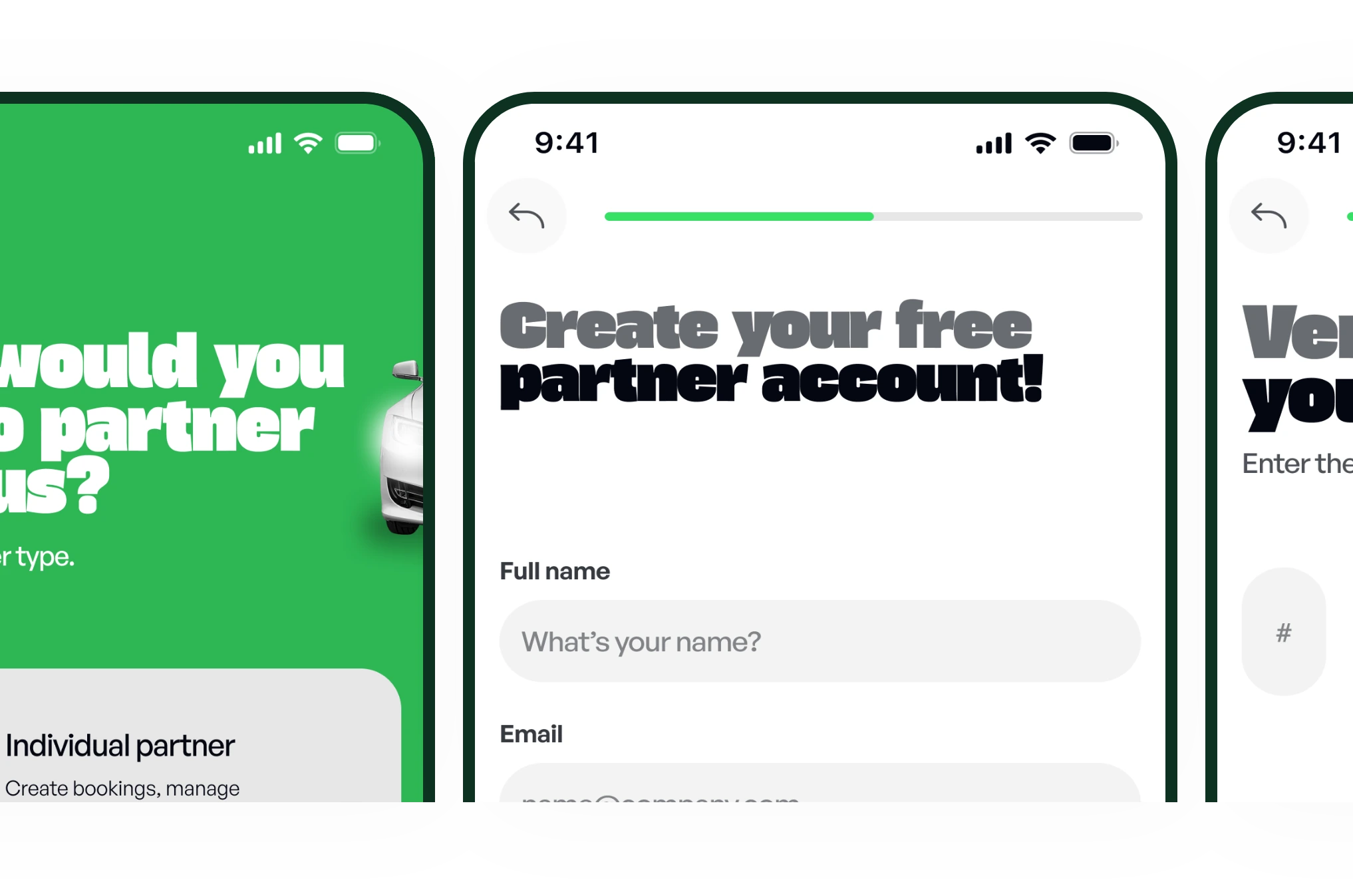 Partner sign-up: choose an account type, create an account and verify your email
