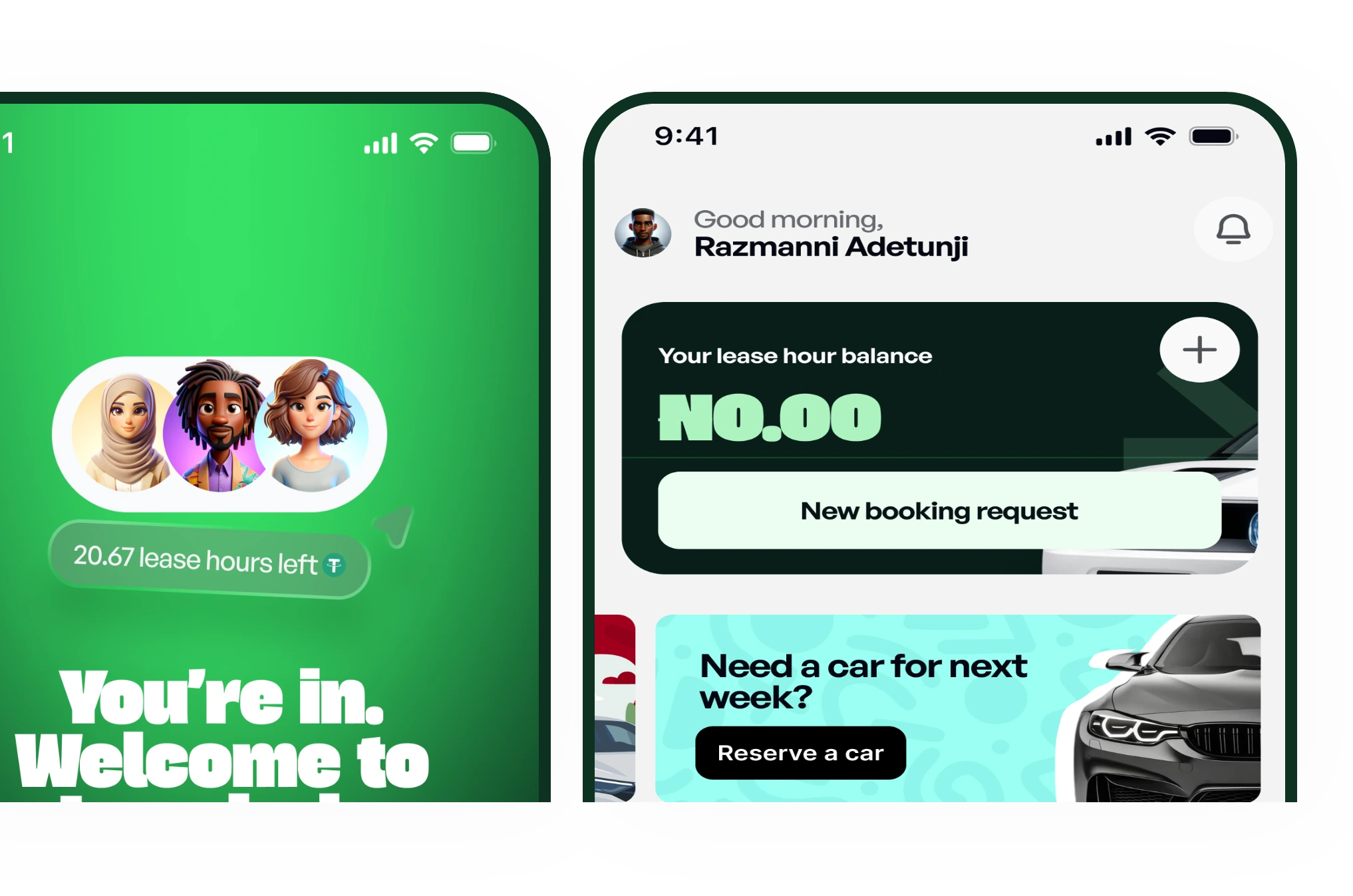 Welcome screen and partner home with the lease hour balance