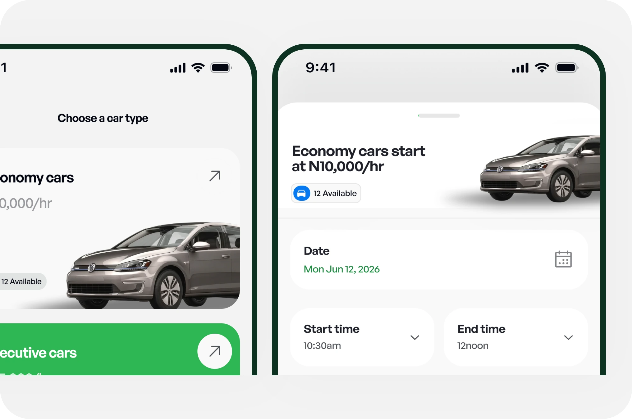 Choosing a car type and entering booking details