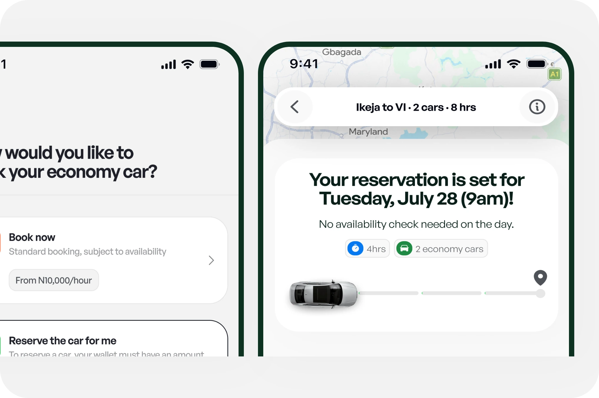 Choosing a booking type and the reservation confirmation