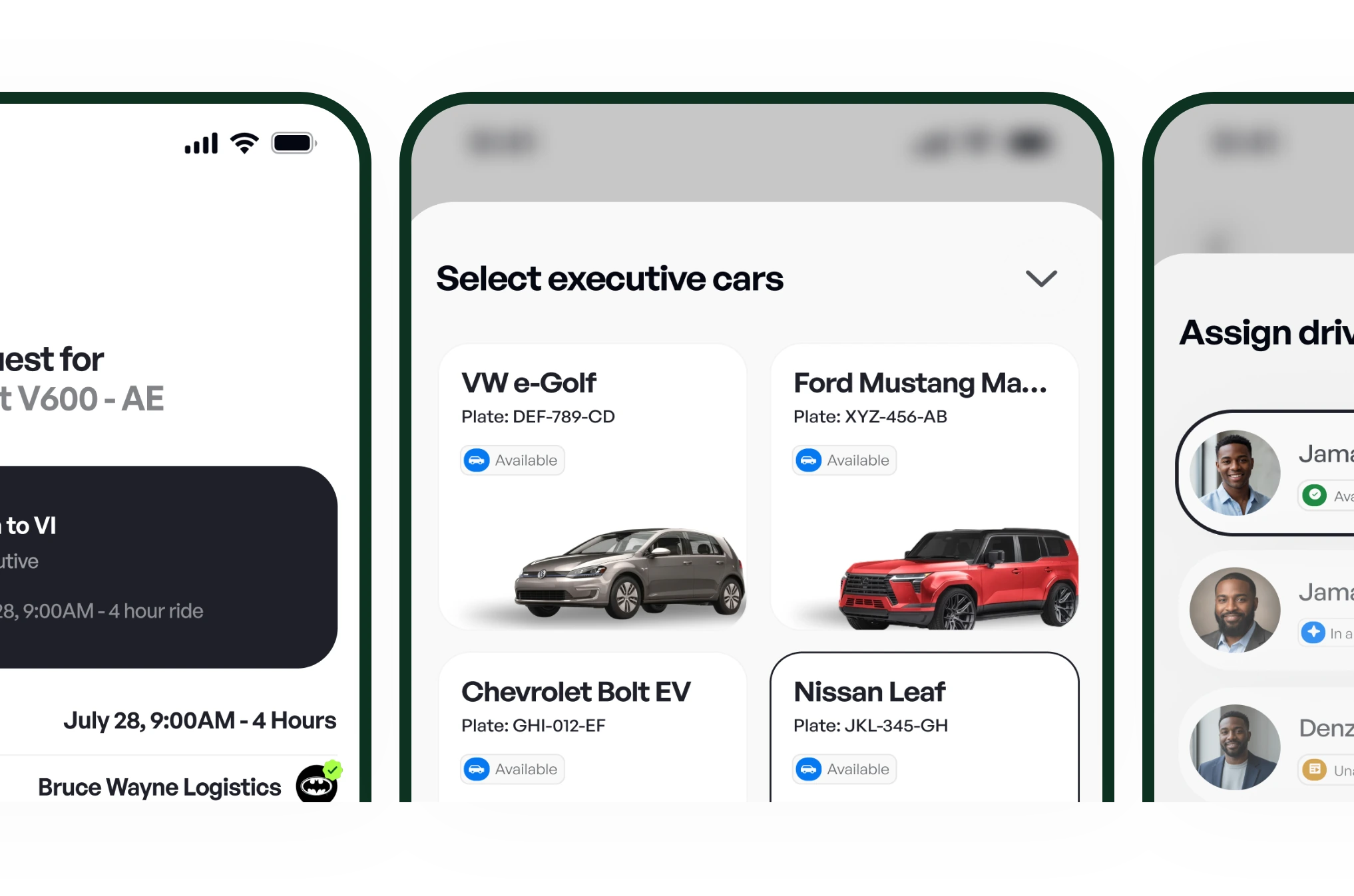 A Fleet Owner reviews the request, selects cars and assigns drivers