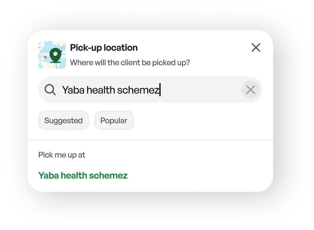 Pick-up location search with a suggested address selected