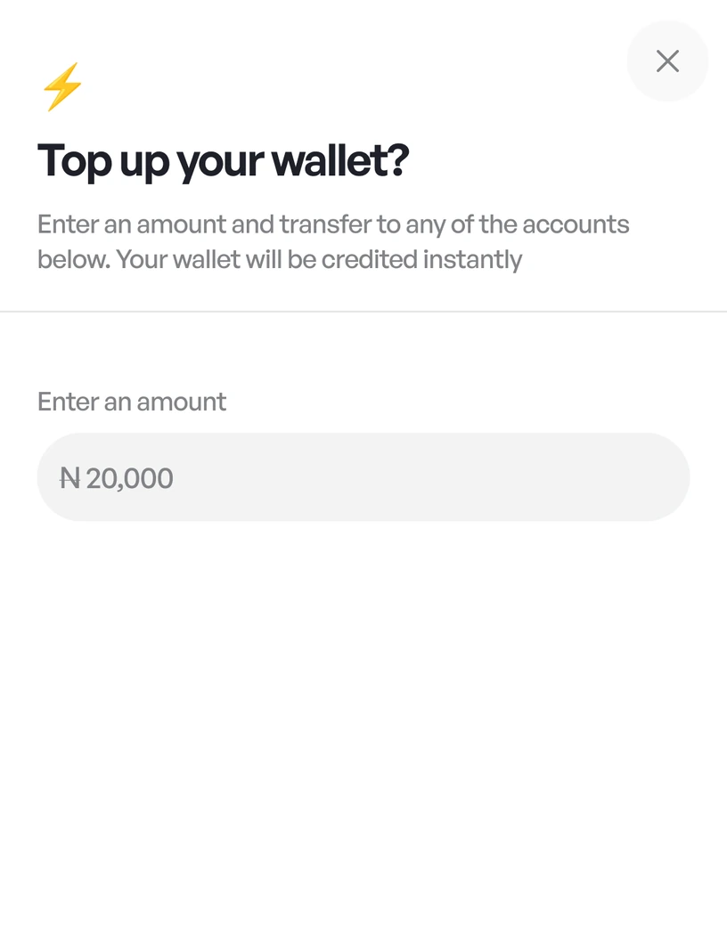 Top up your wallet screen with an amount field