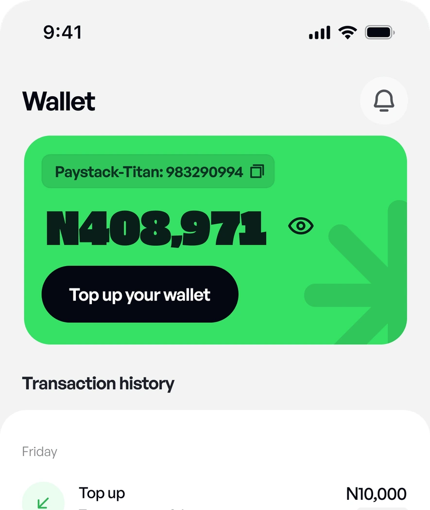 Wallet screen showing the balance and transaction history